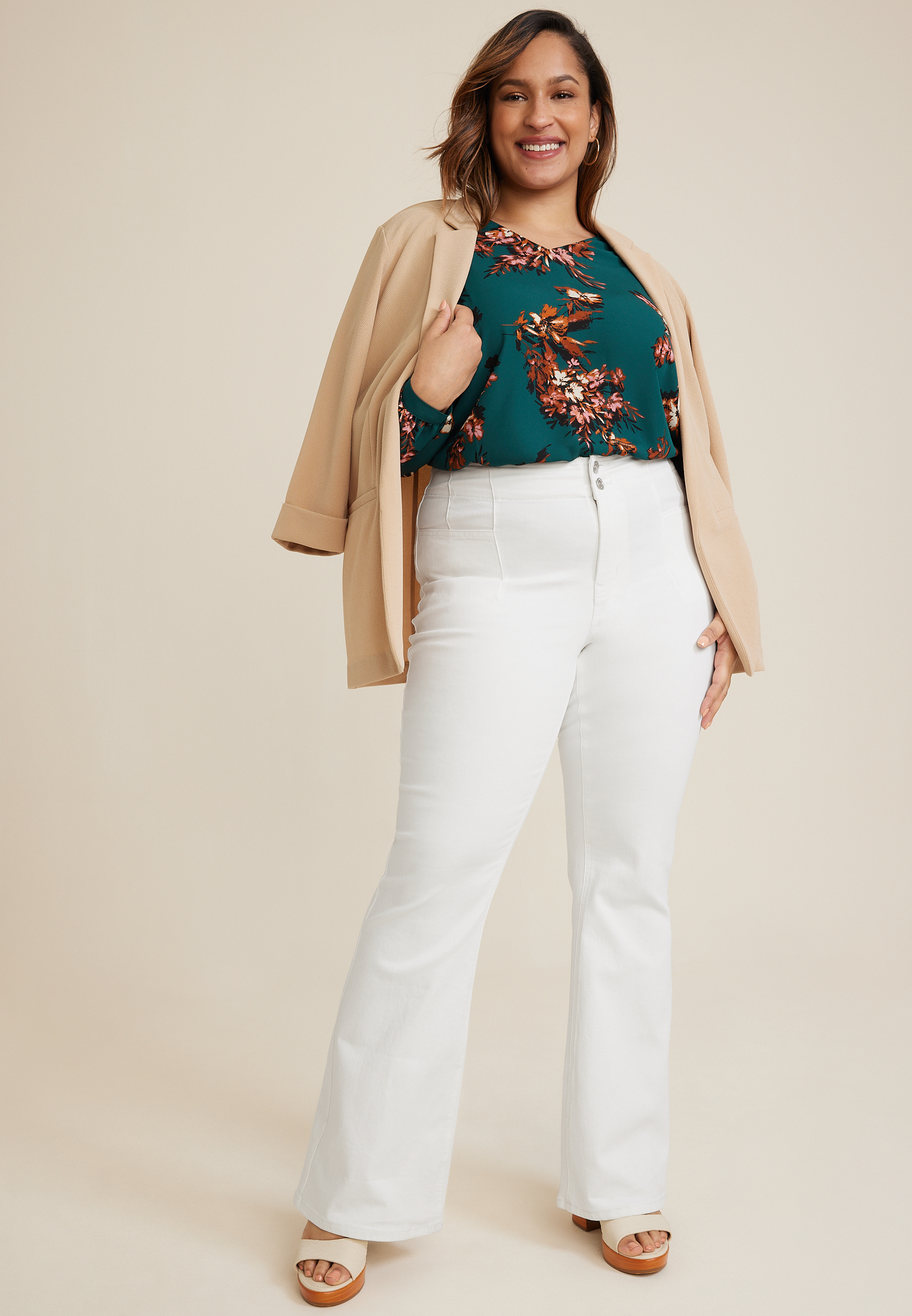 Plus Size m jeans by maurices&trade; White Curvy High Rise Double Button Sculptress Flare Jean, WHITE, large