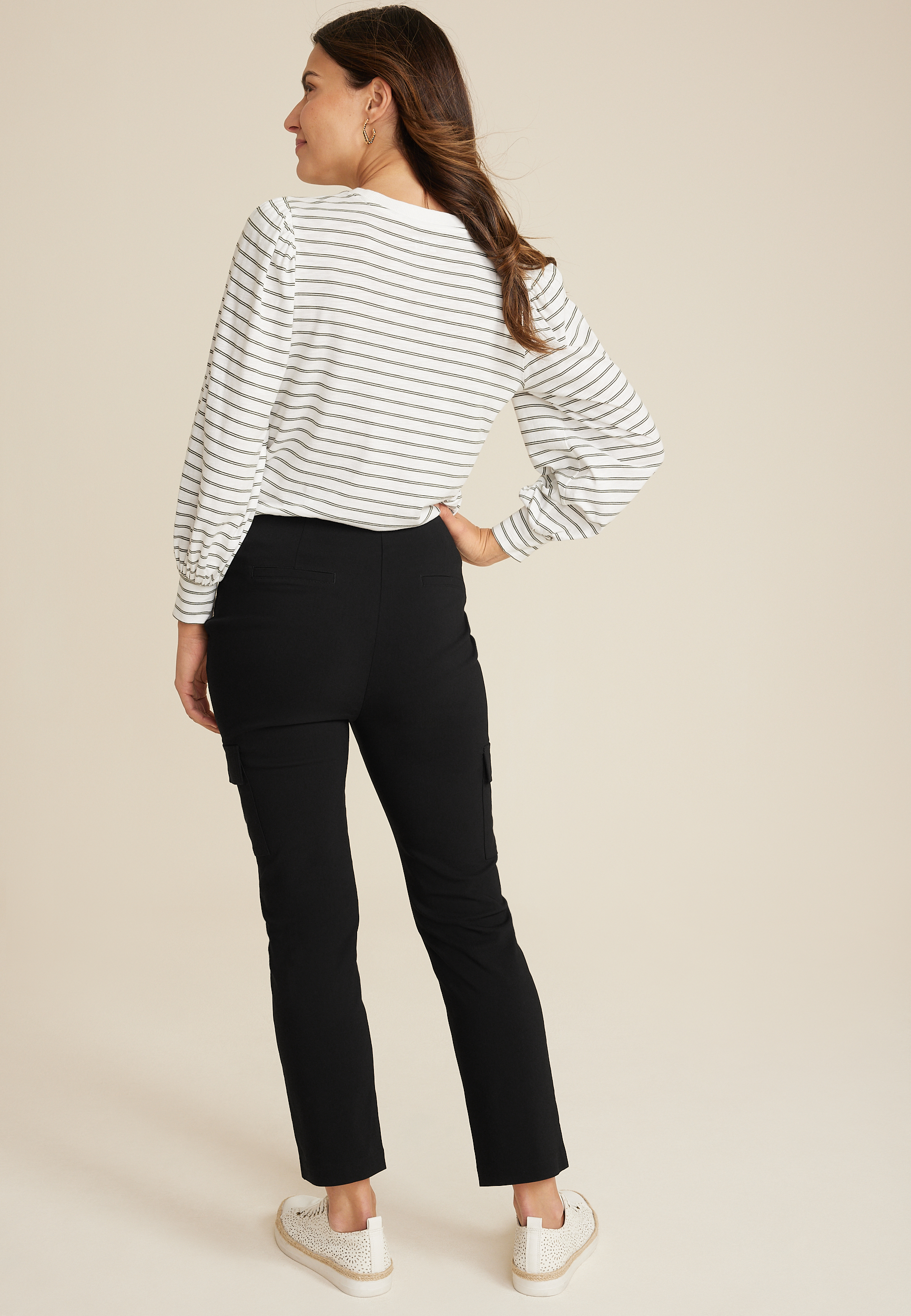 Bengaline High Rise Cargo Slim Straight Pant, BLACK, large