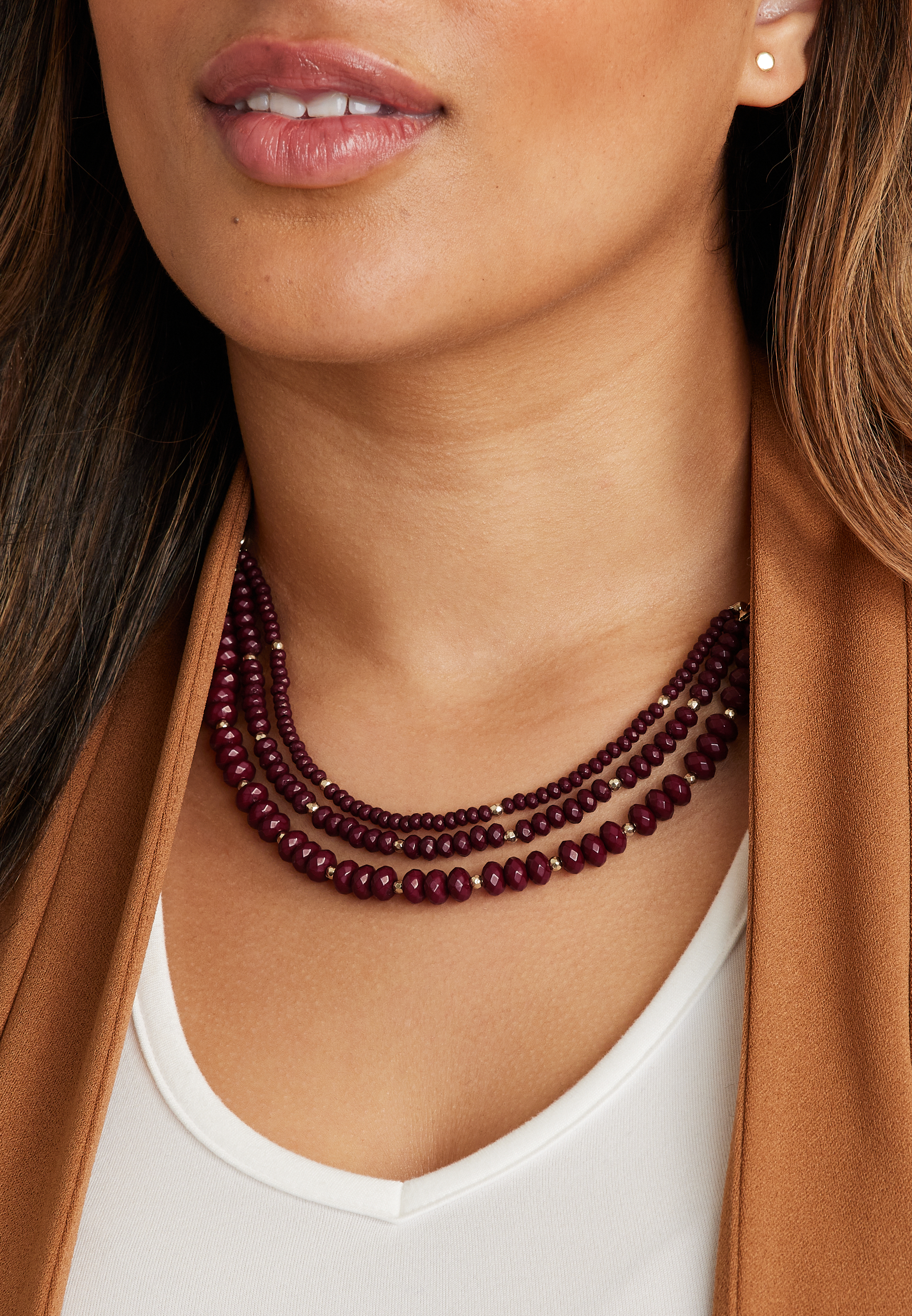 Burgundy Layered Beaded Necklace, , large