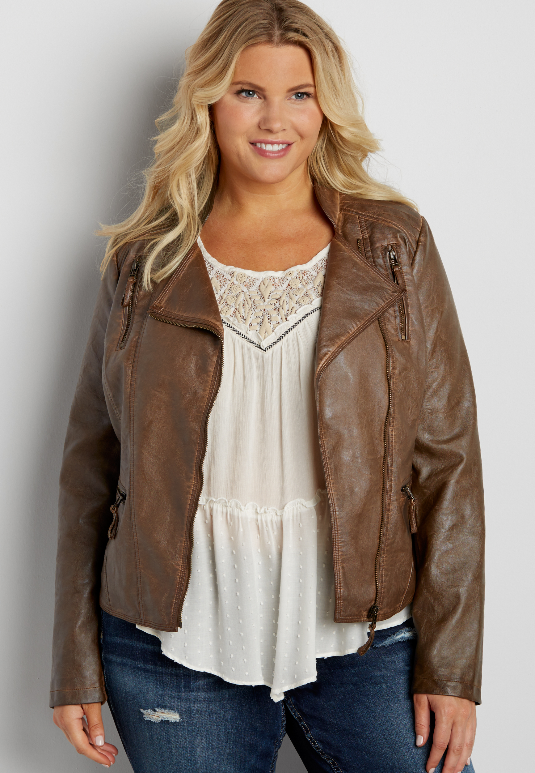 plus size faux leather moto jacket with asymmetrical zipper in tobacco ...