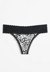 Simply Comfy Black Floral Lace Trim Cotton Thong Panty, C1756, small