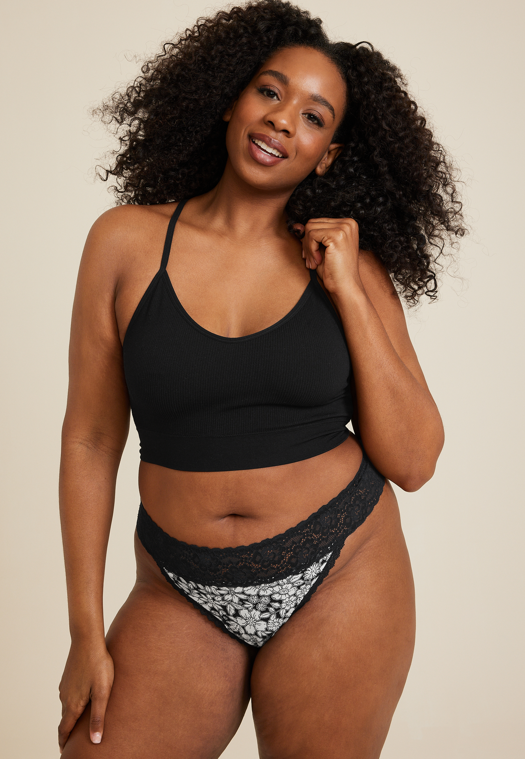 Simply Comfy Black Floral Lace Trim Cotton Thong Panty, C1756, large