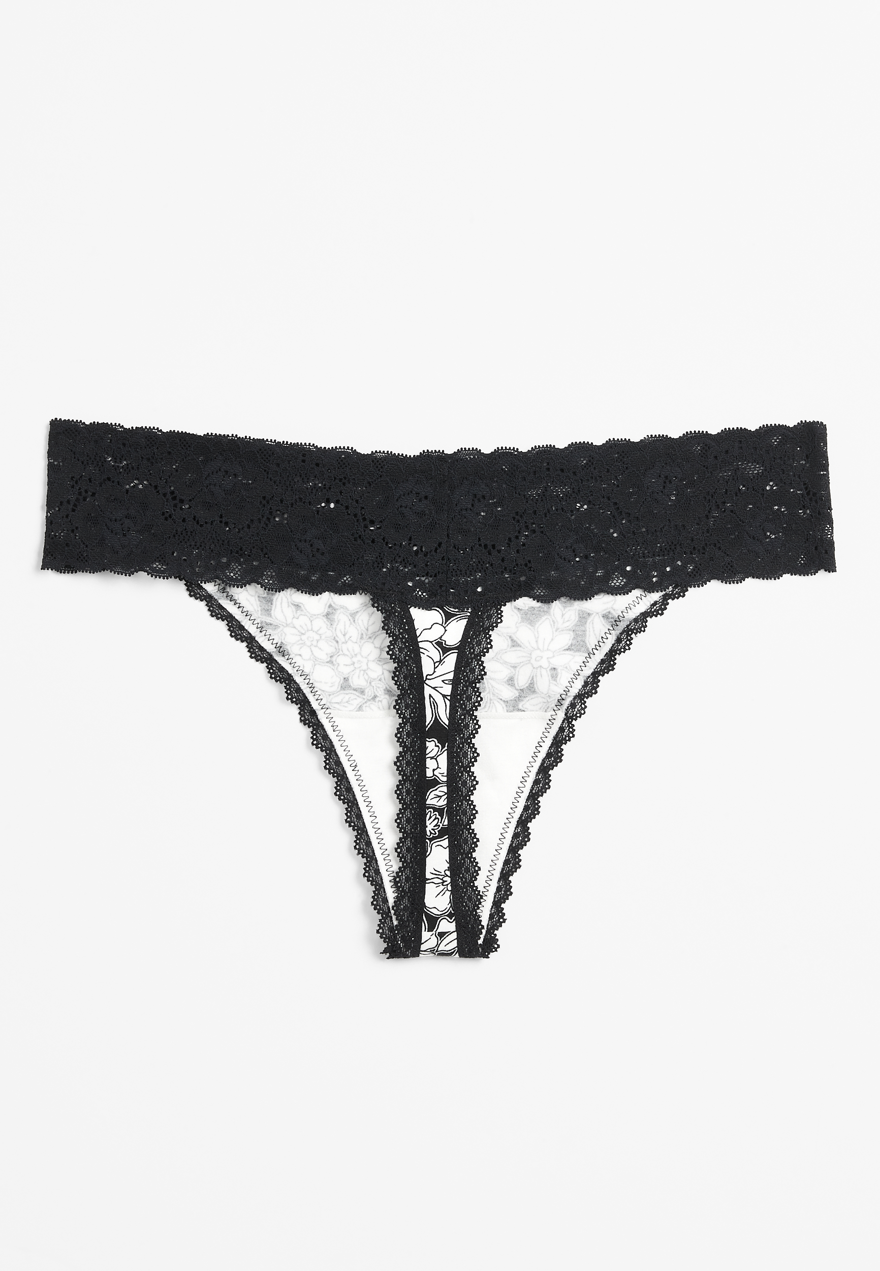 Simply Comfy Black Floral Lace Trim Cotton Thong Panty, C1756, large