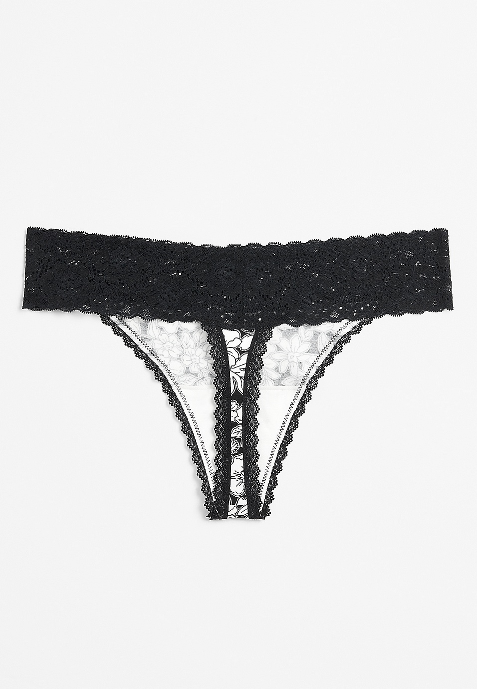 Simply Comfy Black Floral Lace Trim Cotton Thong Panty