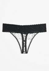 Simply Comfy Black Floral Lace Trim Cotton Thong Panty, C1756, small