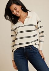 Johnny Collared Striped Pullover Sweatshirt, ECRU COMBO, small