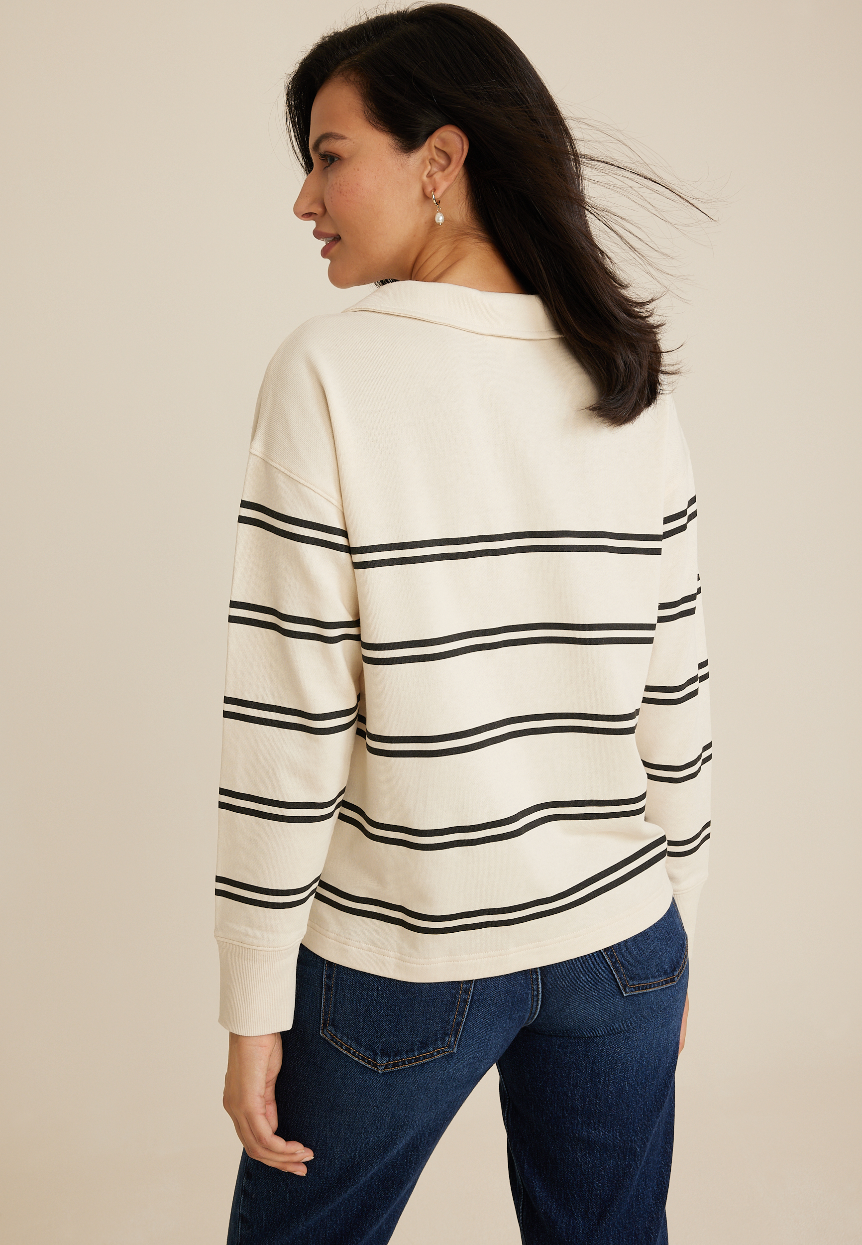 Johnny Collared Striped Pullover Sweatshirt, ECRU COMBO, large