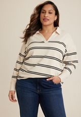 Plus Size Johnny Collared Striped Pullover Sweatshirt, C3986, small