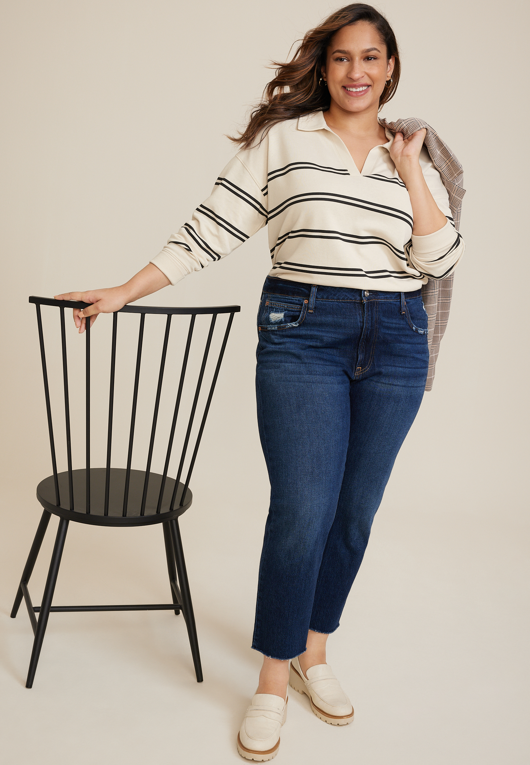 Plus Size Johnny Collared Striped Pullover Sweatshirt, C3986, large
