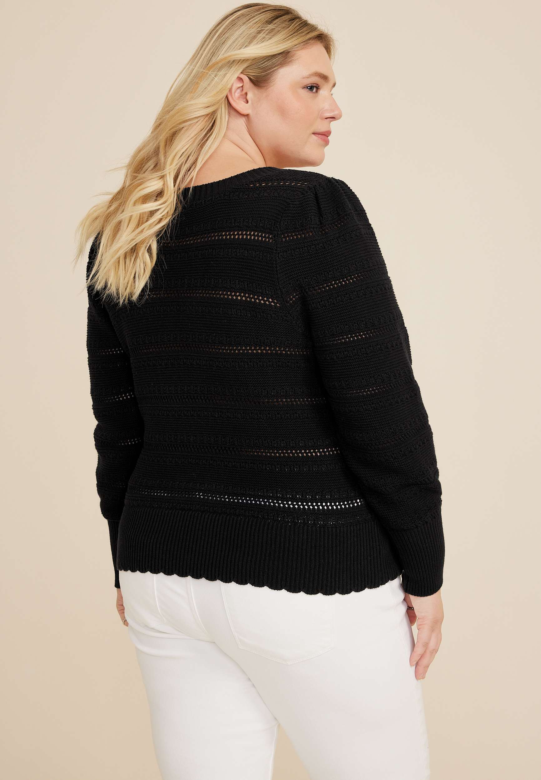 Plus Size Black Open Stitch Sweater, C106, large