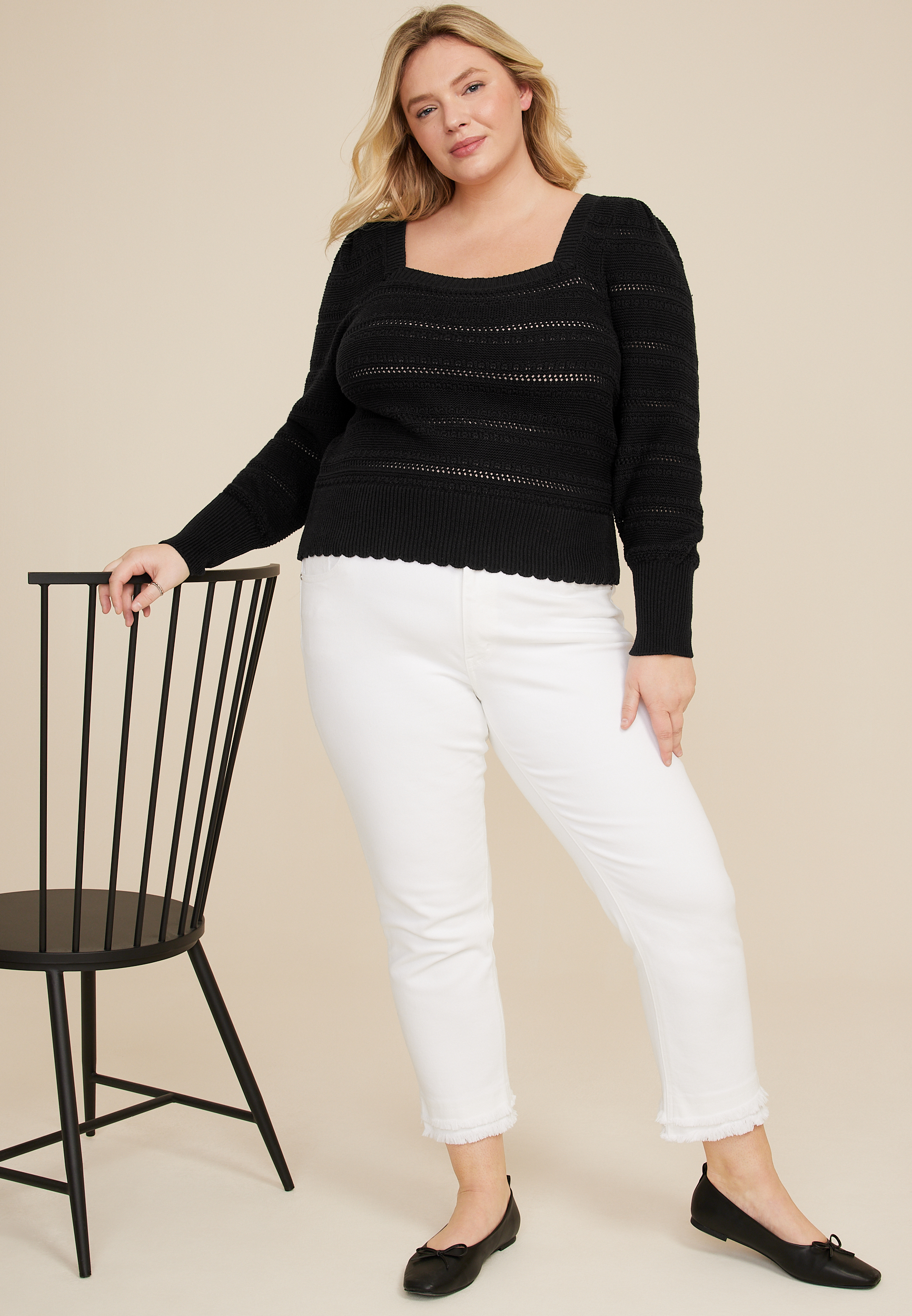 Plus Size Black Open Stitch Sweater, C106, large