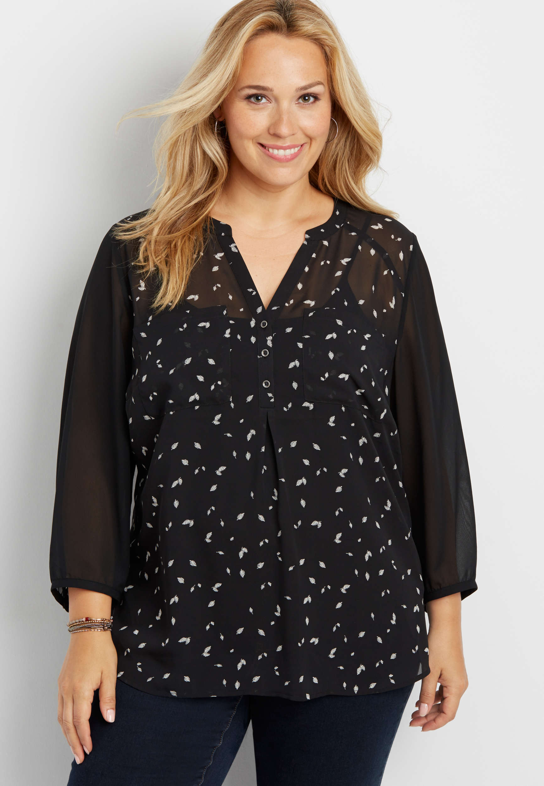 the perfect plus size blouse in falling leaves print with solid sleeves ...