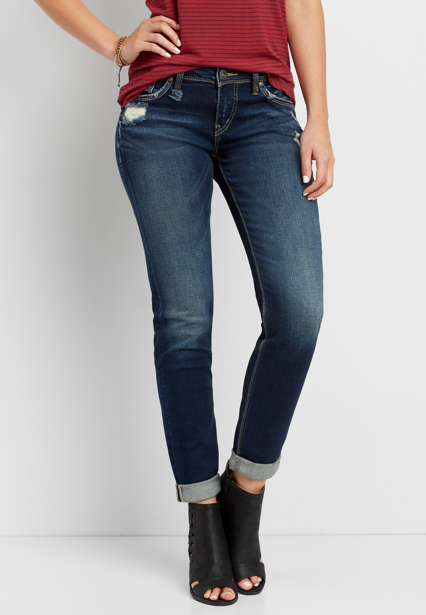 Silver Jeans Co.® Sam dark wash boyfriend jeans with destruction | maurices