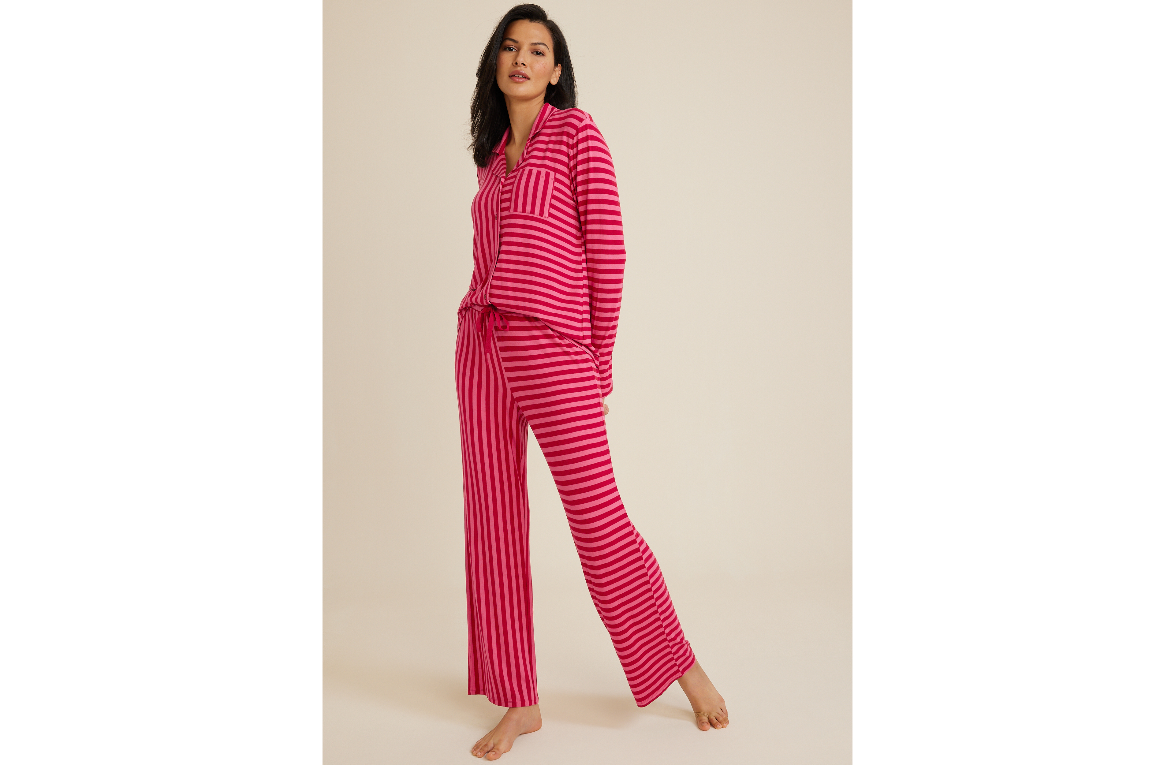 Pink Striped Button Down Top And Wide Leg Pajama Set