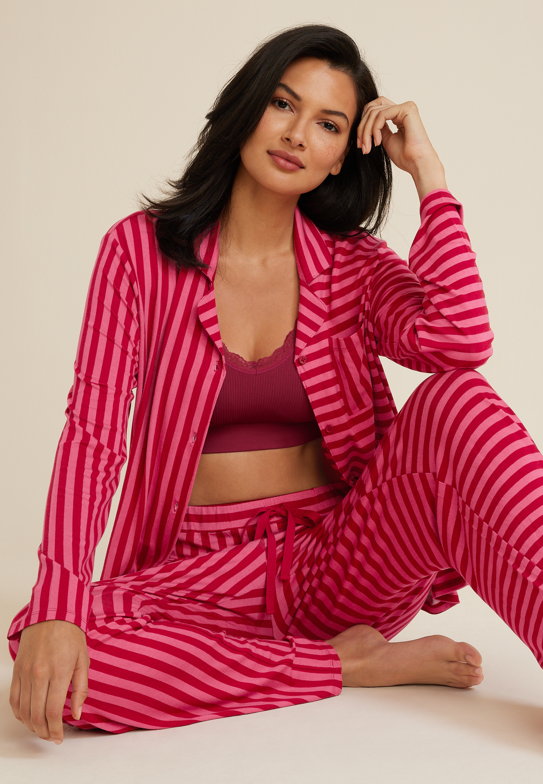 Pink Striped Button Down Top And Wide Leg Pajama Set, C6383, large