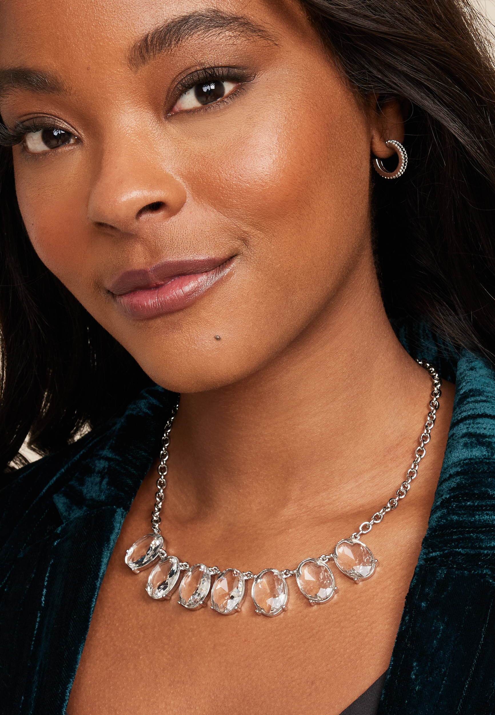 Silver Glass Stone Statement Necklace, SILVER, large