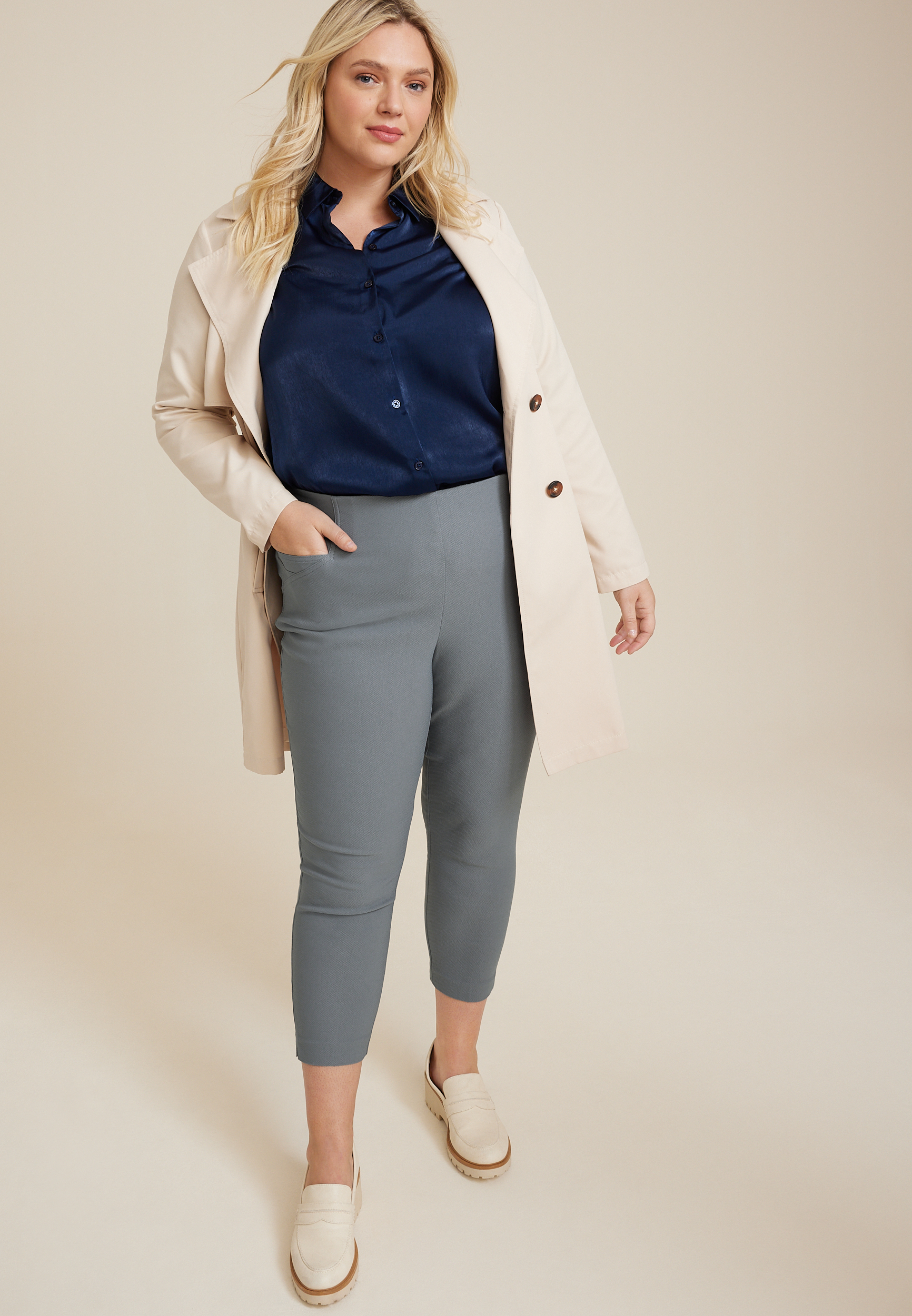 Plus Size Bengaline Textured High Rise Skinny Cropped Dress Pant, C4913, large
