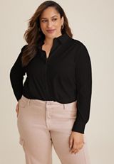 Plus Size Winona Stretch Button Down Blouse, BLACK, small