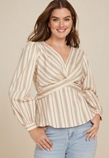 Striped Twist Front Peplum Blouse, SOFT WHITE COMBO, small