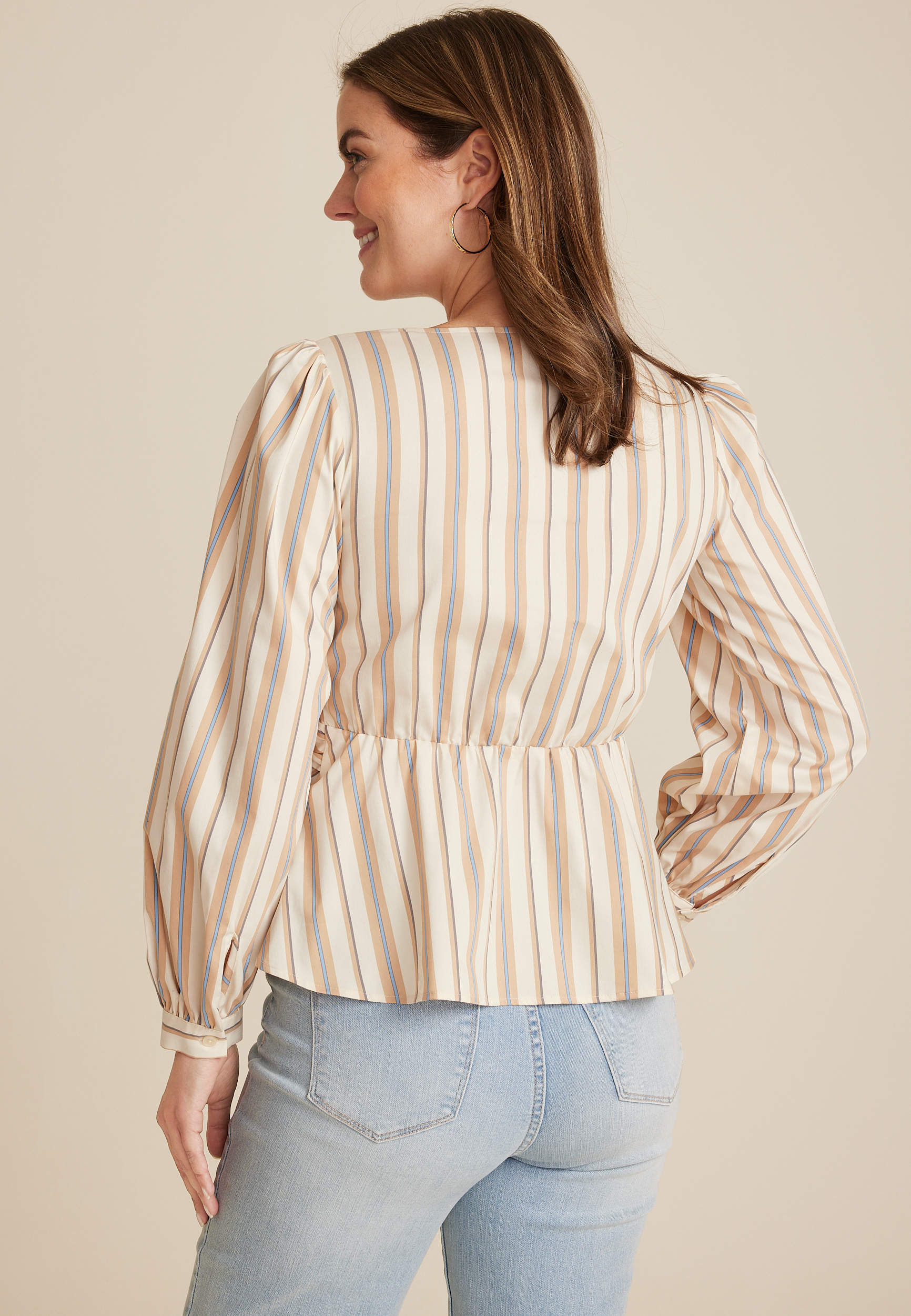 Striped Twist Front Peplum Blouse, SOFT WHITE COMBO, large
