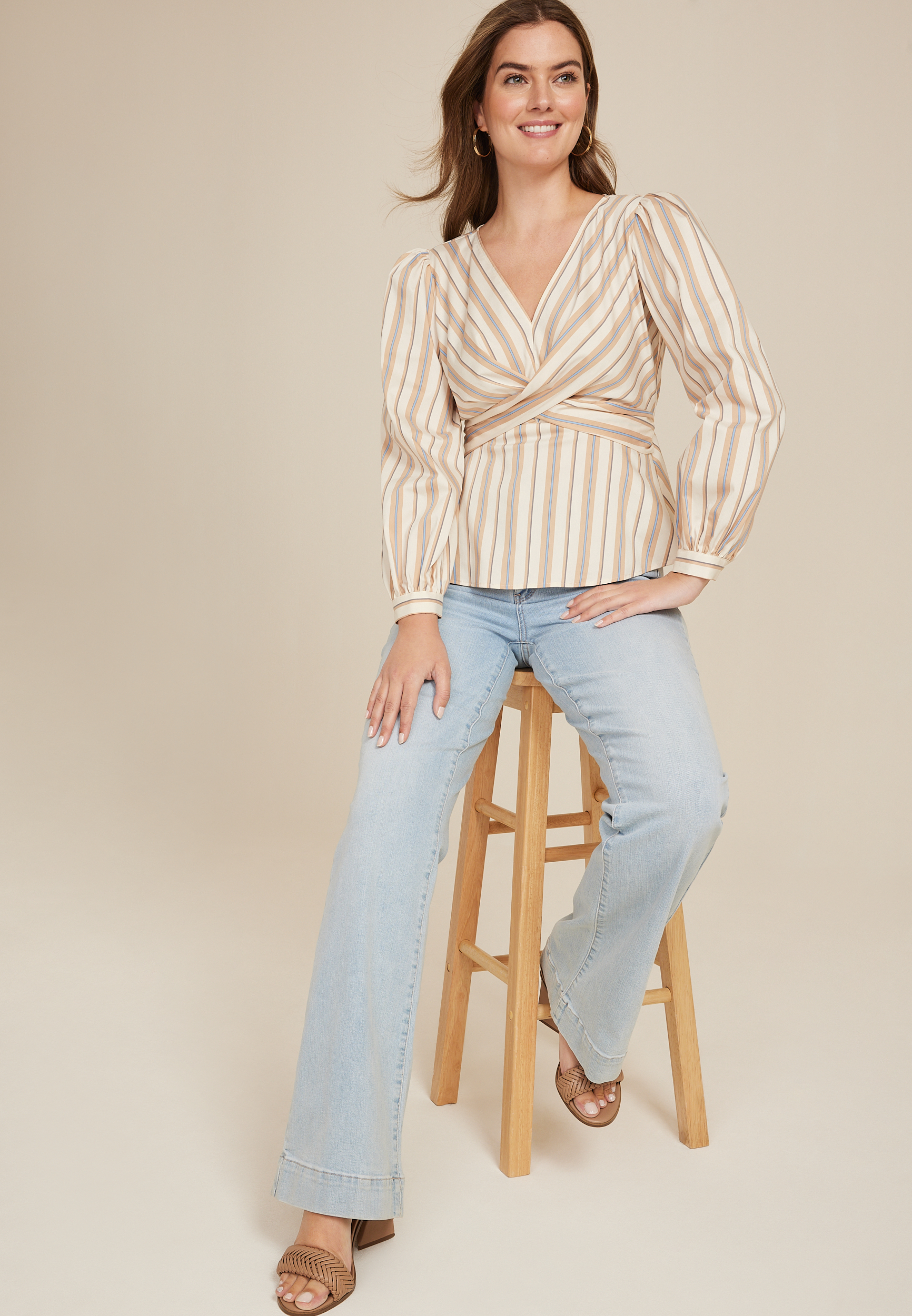 Striped Twist Front Peplum Blouse, SOFT WHITE COMBO, large
