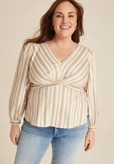 Plus Size Striped Twist Front Peplum Blouse, SOFT WHITE COMBO, small