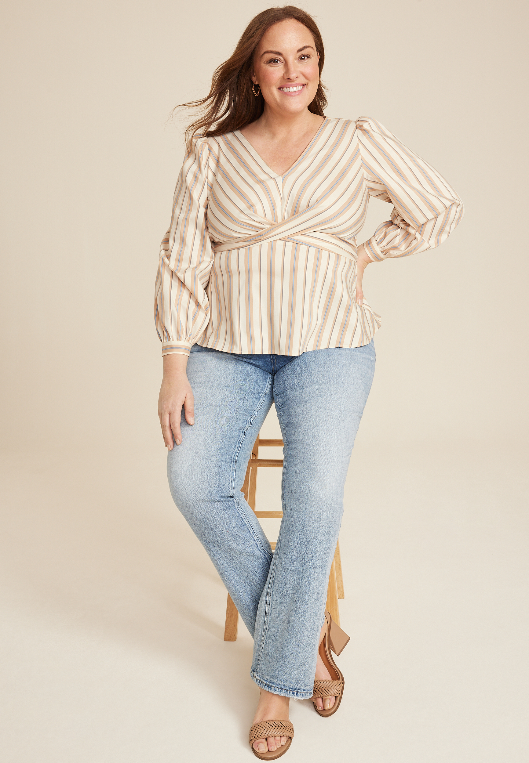 Plus Size Striped Twist Front Peplum Blouse, SOFT WHITE COMBO, large