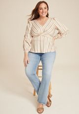 Plus Size Striped Twist Front Peplum Blouse, SOFT WHITE COMBO, small