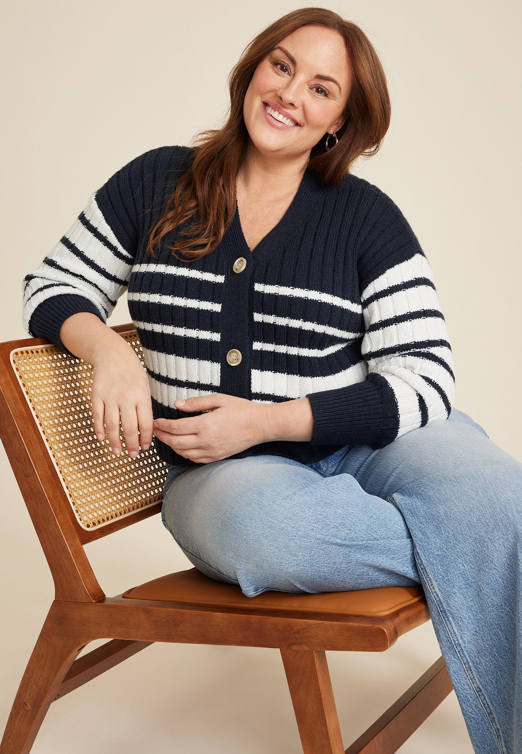 Plus Size Striped Ribbed Cardigan, C1943, large