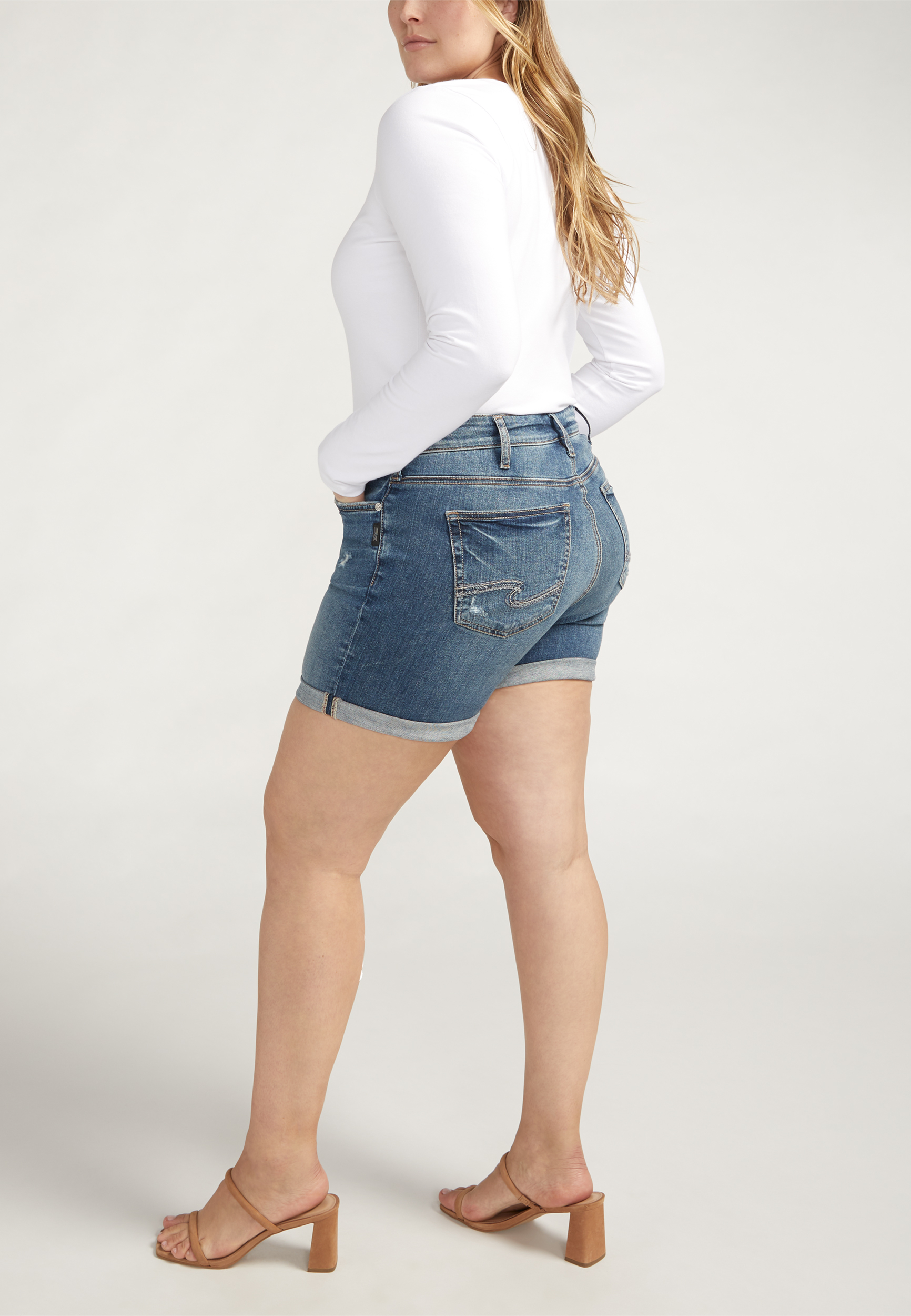 Plus Size Silver Jeans Co.&reg; Suki Curvy Mid Rise Rolled Hem 5in Short, MEDIUM SANDBLAST, large