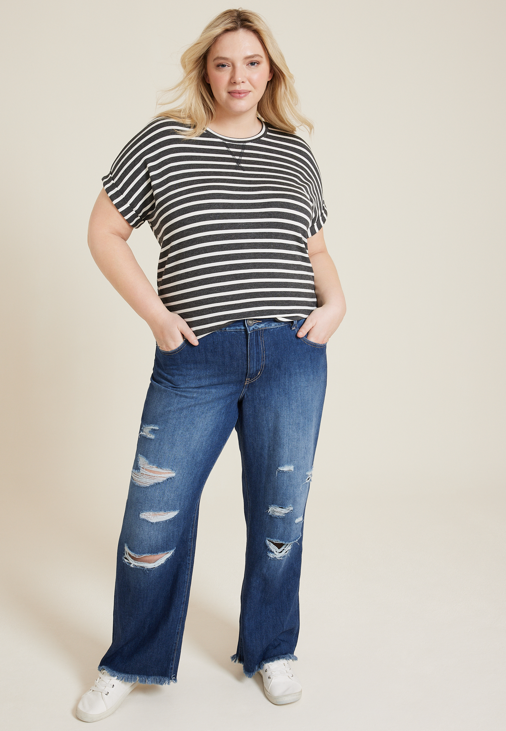 Plus Size KanCan™ Dark Drape Ripped High Rise Wide Leg Jean | maurices