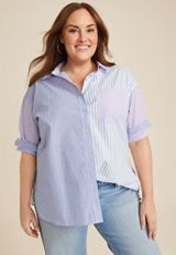 Plus Size 90s Prep Striped Oversized Button Up Shirt, C6339, small