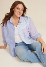 Plus Size 90s Prep Striped Oversized Button Up Shirt, C6339, small
