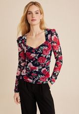 Floral Mesh Sweetheart Neck Blouse, C3398, small