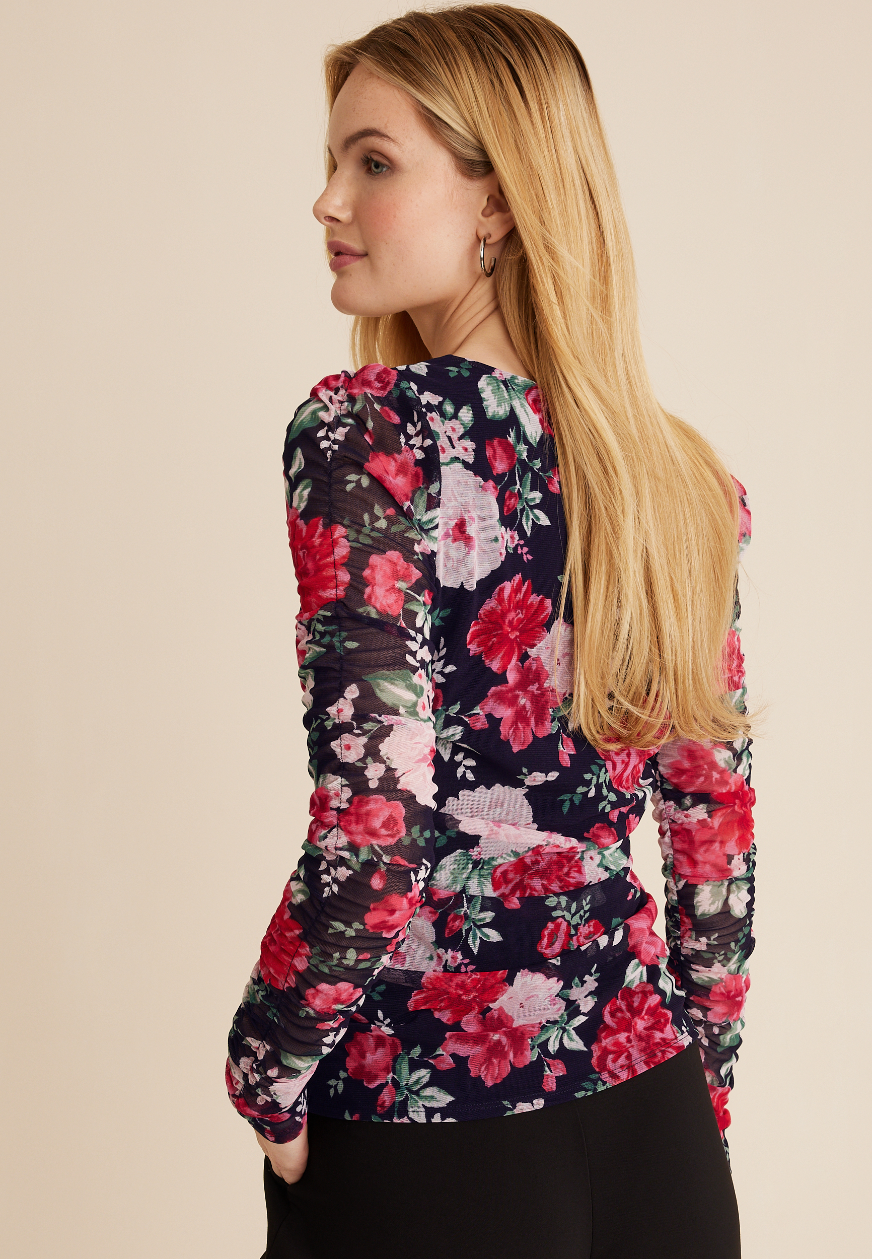 Floral Mesh Sweetheart Neck Blouse, C3398, large