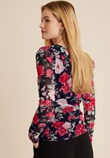 Floral Mesh Sweetheart Neck Blouse, C3398, small