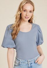 Poplin Puff Sleeve Blouse, Blue Fade, small