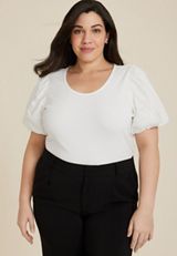 Plus Size Poplin Puff Sleeve Blouse, C4673, small