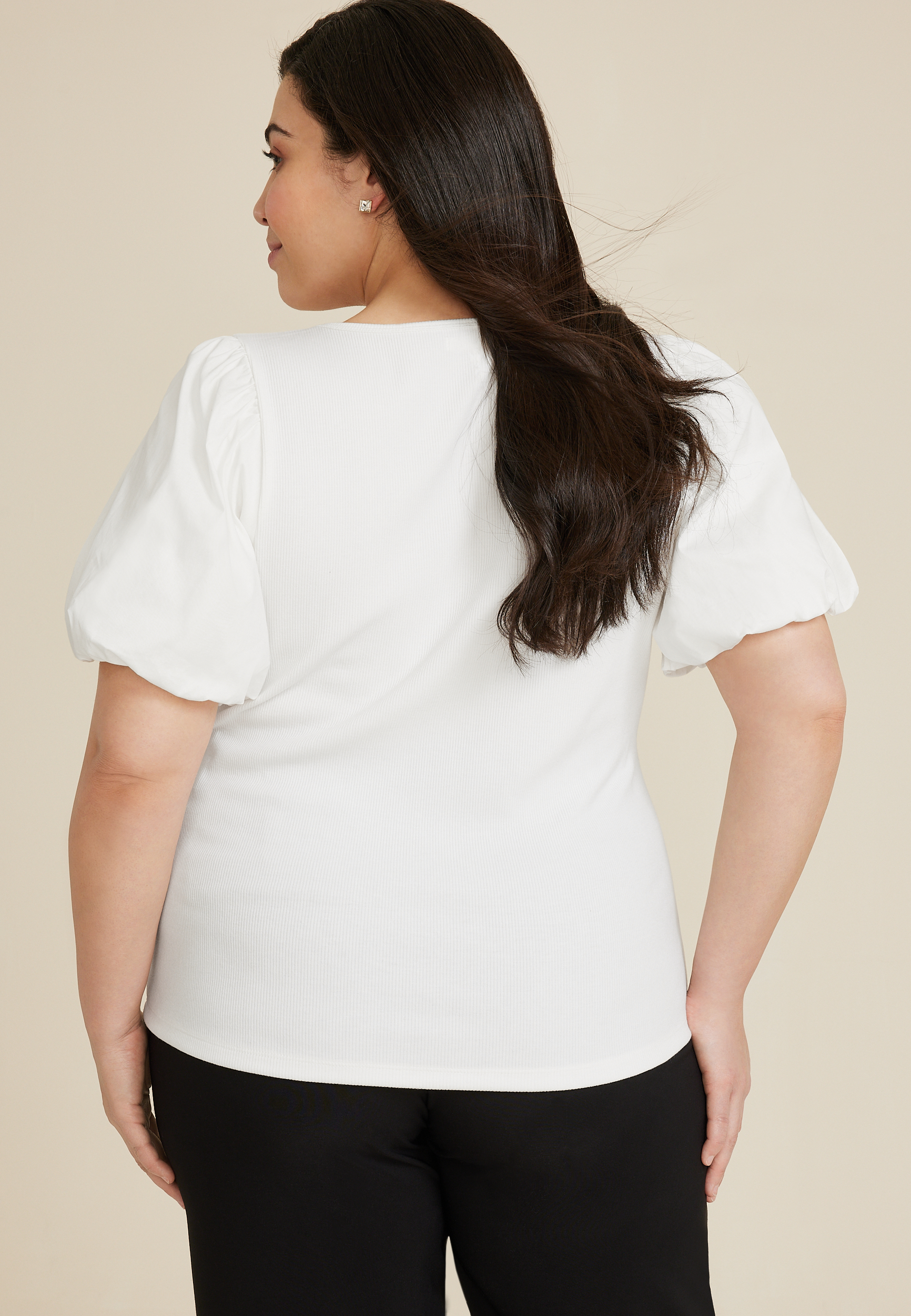 Plus Size Poplin Puff Sleeve Blouse, C4673, large