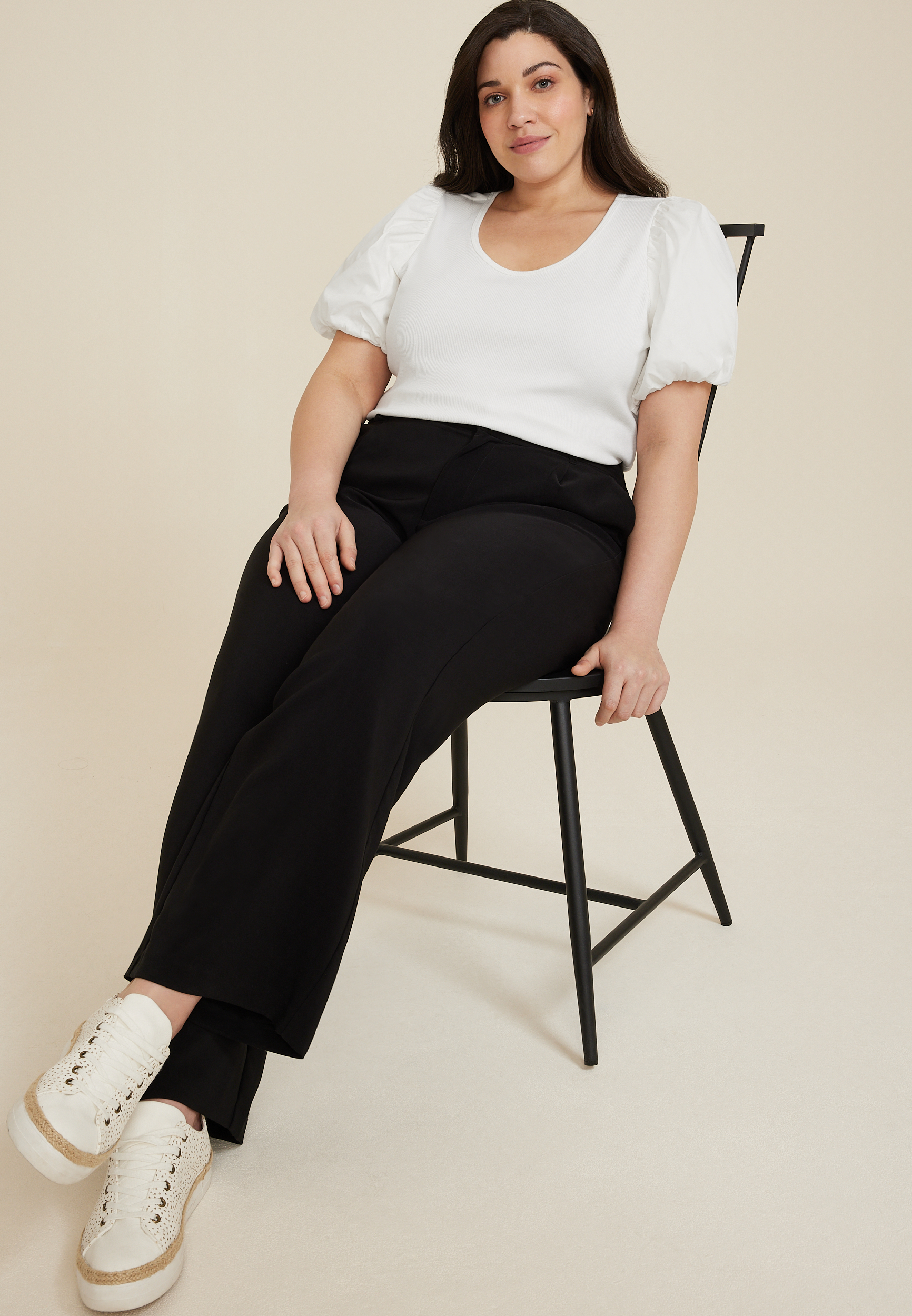 Plus Size Poplin Puff Sleeve Blouse, C4673, large