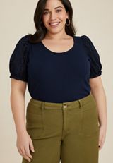 Plus Size Eyelet Puff Sleeve Blouse, BLUE JASMINE, small