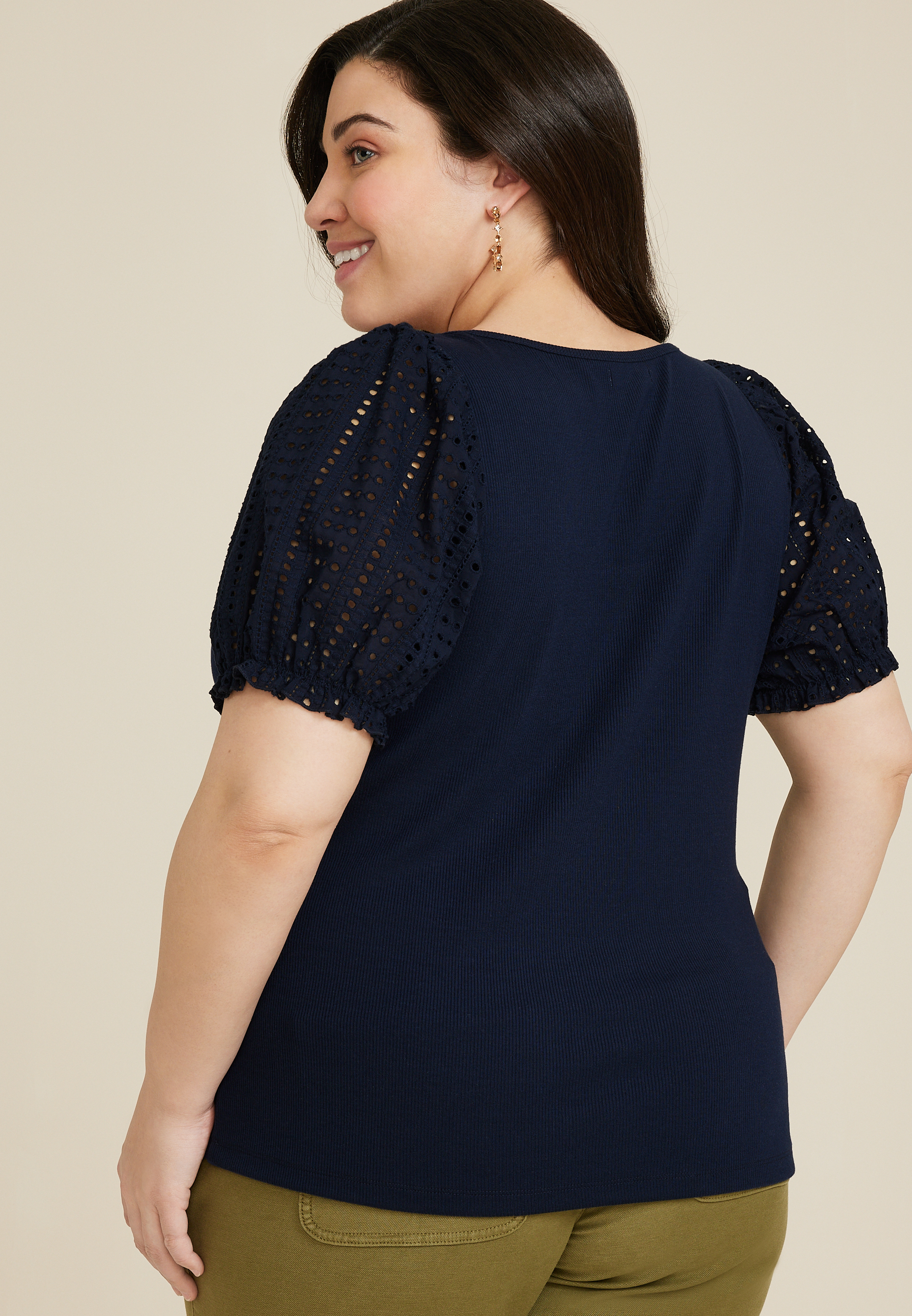 Plus Size Eyelet Puff Sleeve Blouse, BLUE JASMINE, large