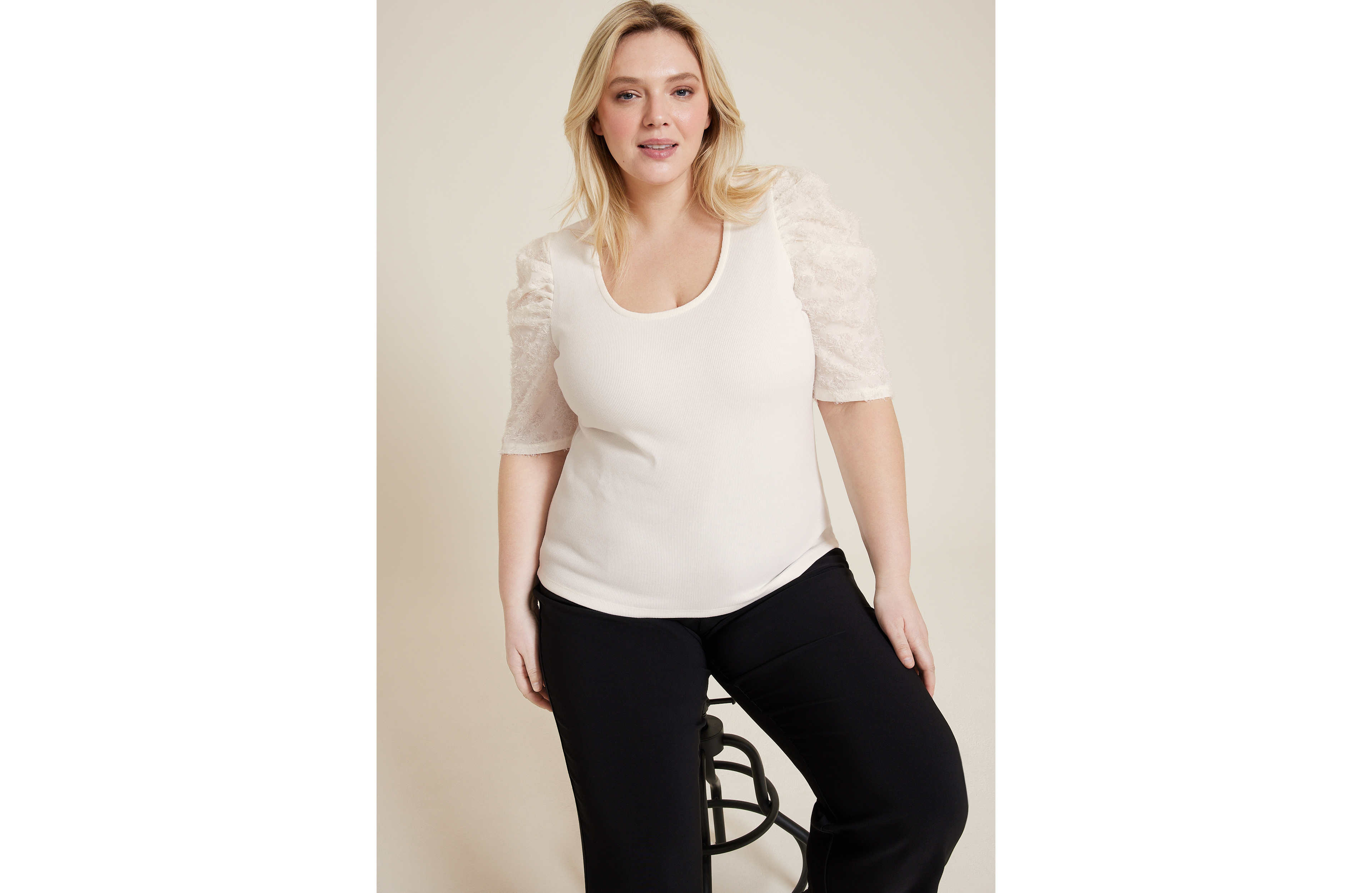 Plus Mixed Media Scoop Neck Blouse