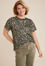 Plus Size 24/7 Dawson Leopard Crew Neck Tee, OLIVE COMBO, small
