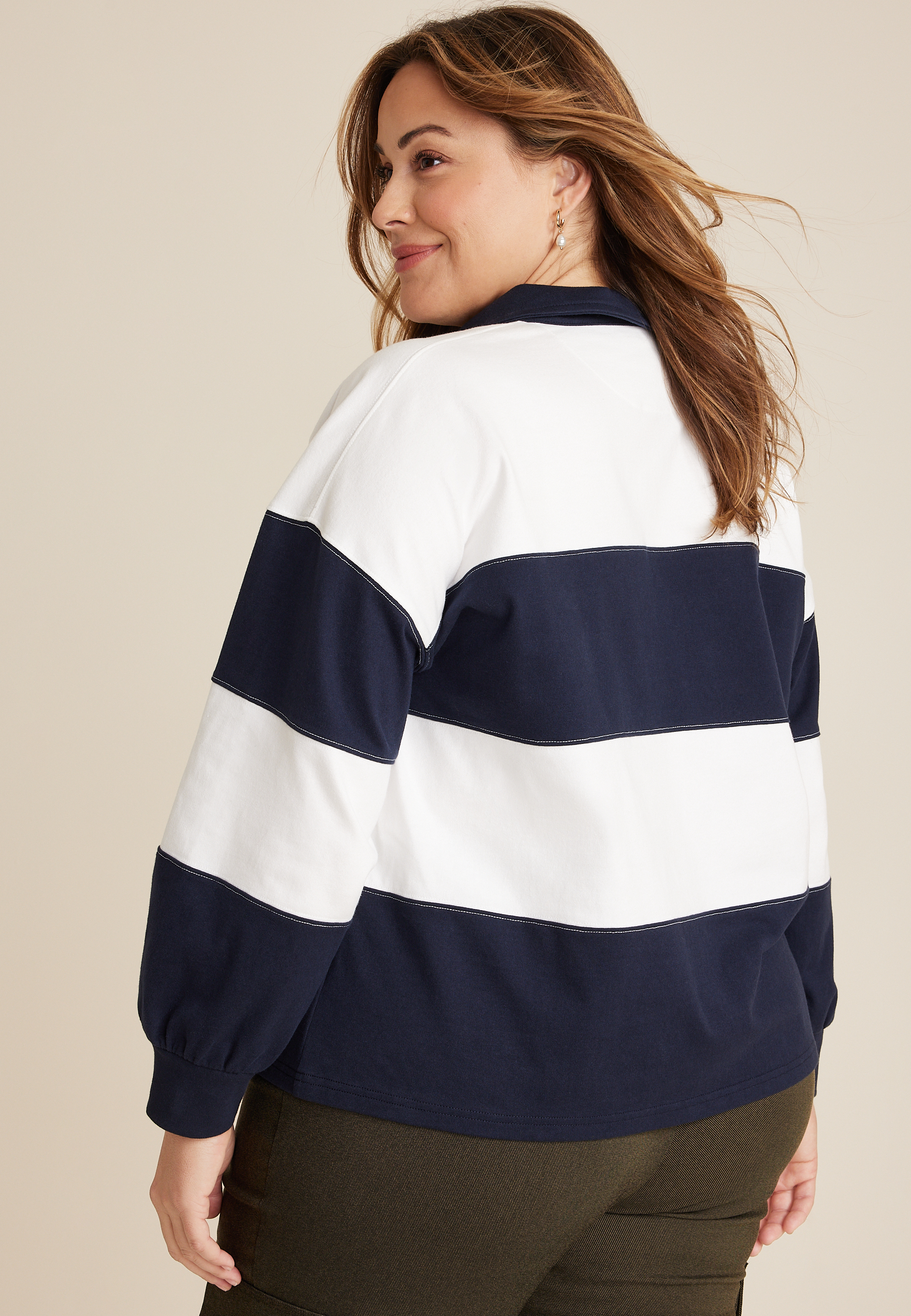 Plus Size Collared Rugby Striped Henley Tee, C1943, large