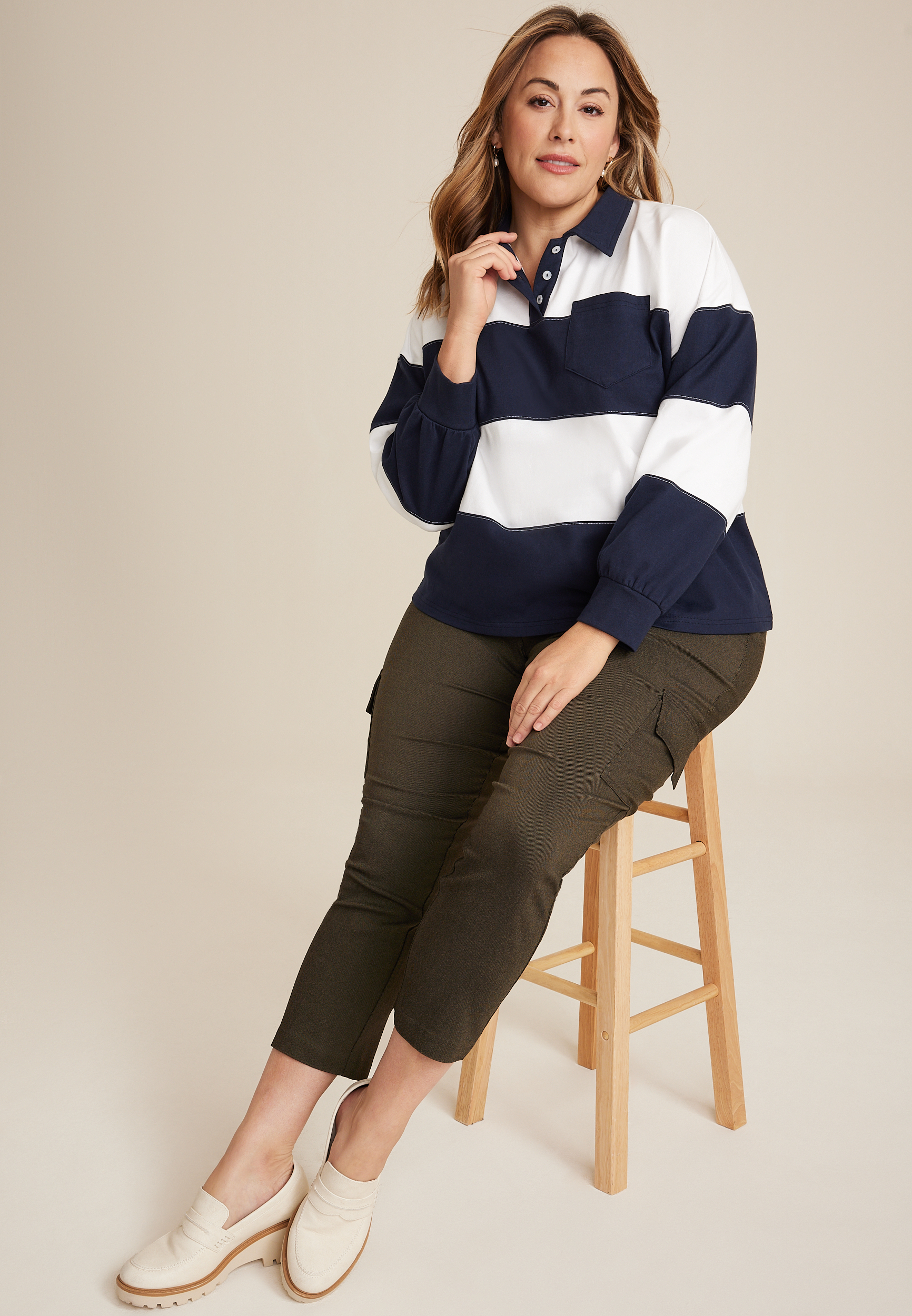 Plus Size Collared Rugby Striped Henley Tee, C1943, large