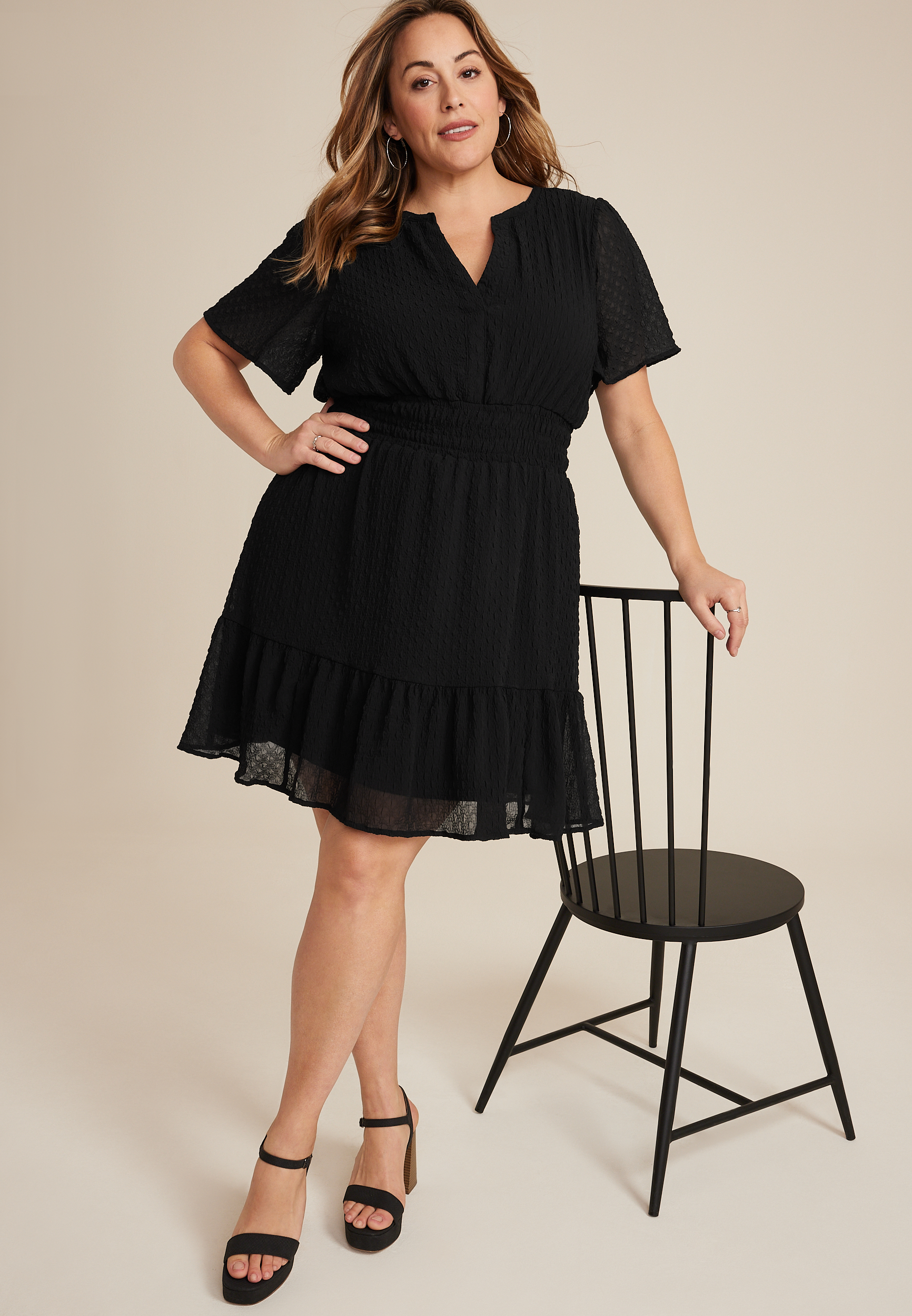 Plus Size Textured Notch Front Dress, BLACK, large