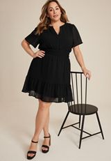 Plus Size Textured Notch Front Dress, BLACK, small