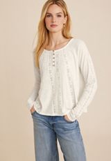 Long Sleeve Lace Inset Henley Tee, ECRU, small