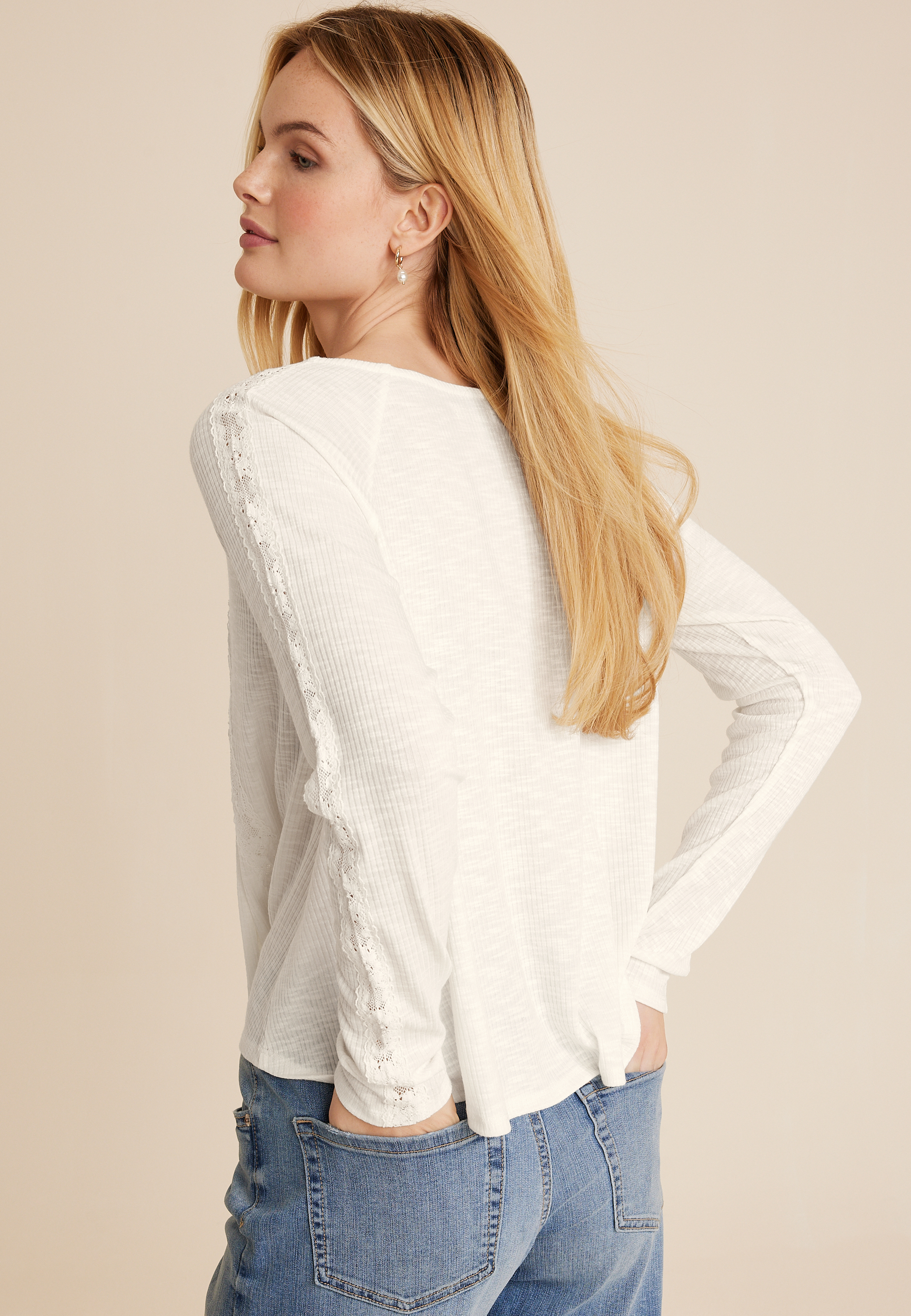 Long Sleeve Lace Inset Henley Tee, ECRU, large